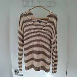 Vince Women's Cream & Beige Loose Weave Cotton Striped V-Neck Sweater (Size XS)